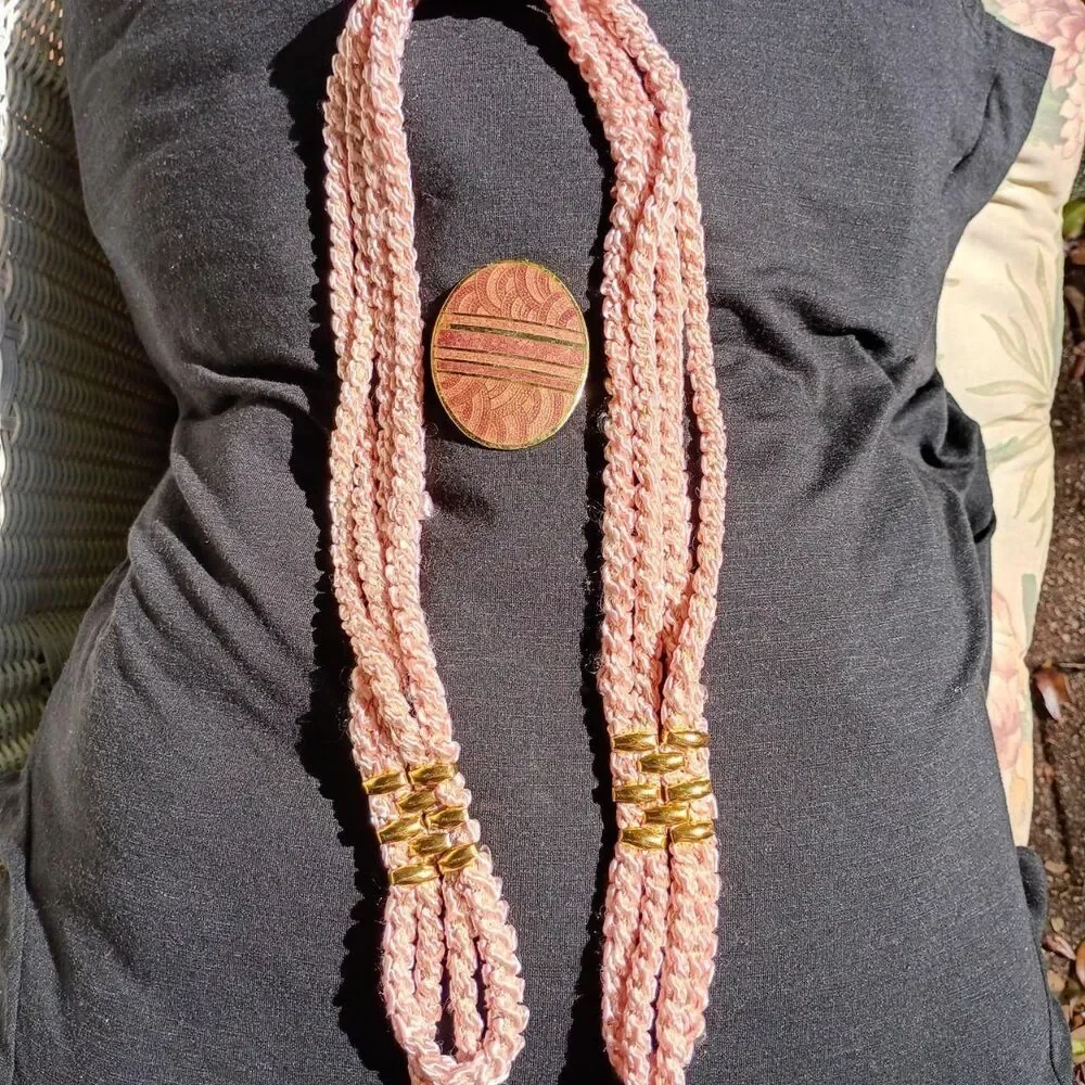1980's Pink Cord and Enameled Brass Buckle Belt